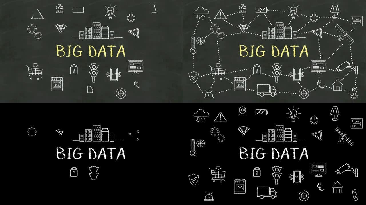 “大数据” 和各种连接的智能城市图标动画的粉笔绘制。