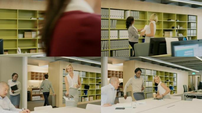 4k视频片段，一位有吸引力的年轻女商人在坐下来开会之前检查她的同事