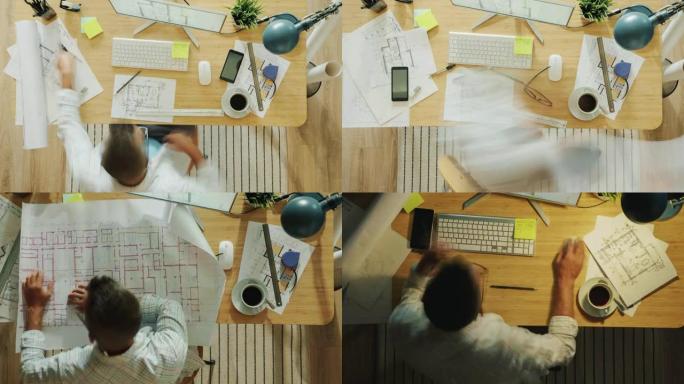 白天到晚上放大男性建筑师在桌子上绘制蓝图并使用计算机的时间流逝