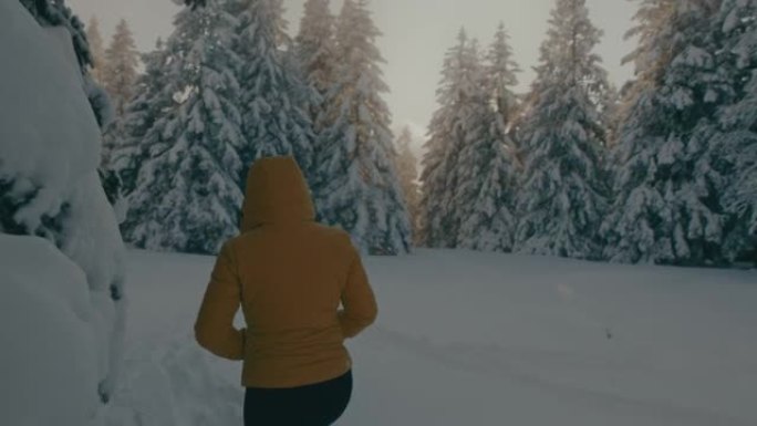 女人在白雪覆盖的森林中行走
