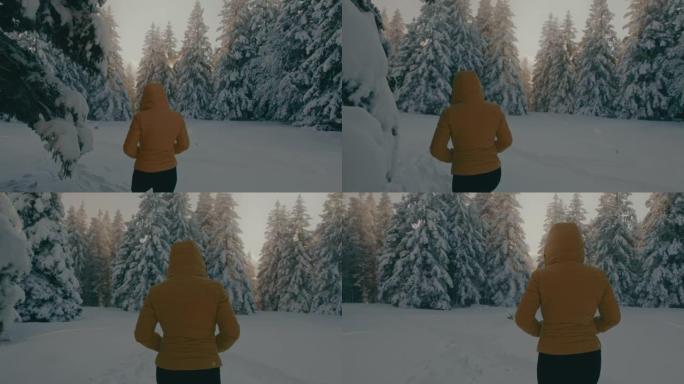 女人在白雪覆盖的森林中行走