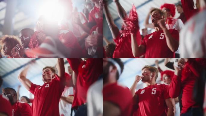 体育馆大事件: 激烈的高加索人欢呼，吹口哨。一群脸上涂着彩绘的球迷欢呼，为他们的红色足球队获胜而呐喊