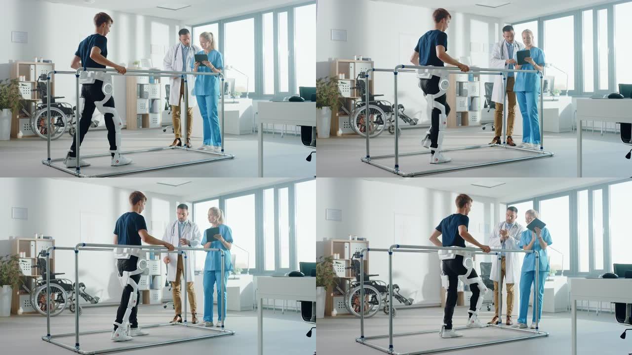 现代医院物理治疗: 受伤的患者穿着先进的机器人外骨骼行走。理疗康复科学家、工程师使用平板电脑帮助残疾
