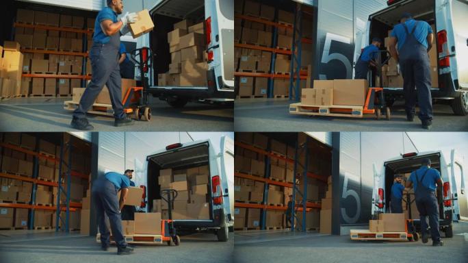 物流配送仓库之外: 多样化的工人团队使用手推车开始用纸箱装载送货卡车，在线订单，电子商务购买。慢动作
