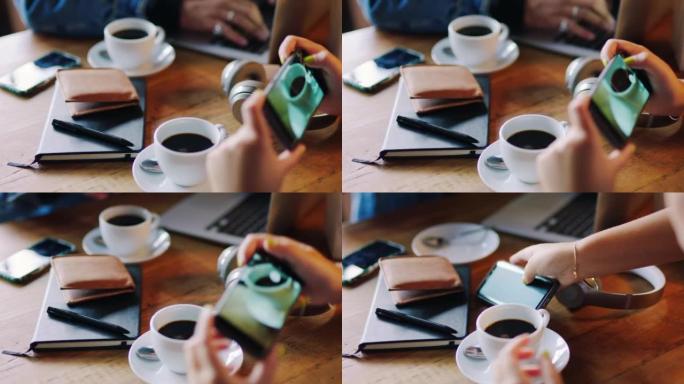 咖啡店、咖啡馆和双手为社交媒体更新、营销或小企业初创品牌开发拍照。网站画廊的影响力人物、浓缩咖啡和智