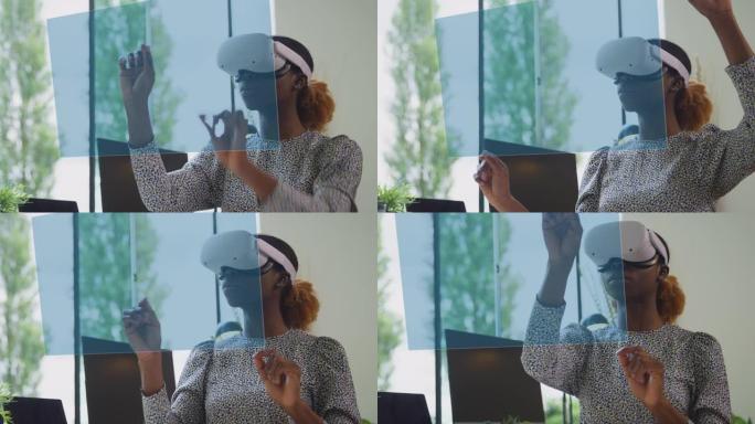 女人看着投影屏幕坐在桌子上戴着VR耳机与AR技术互动