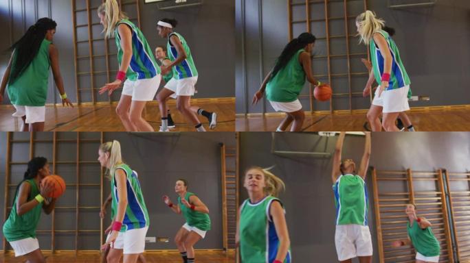 多样化的女子篮球队比赛，运球和投篮