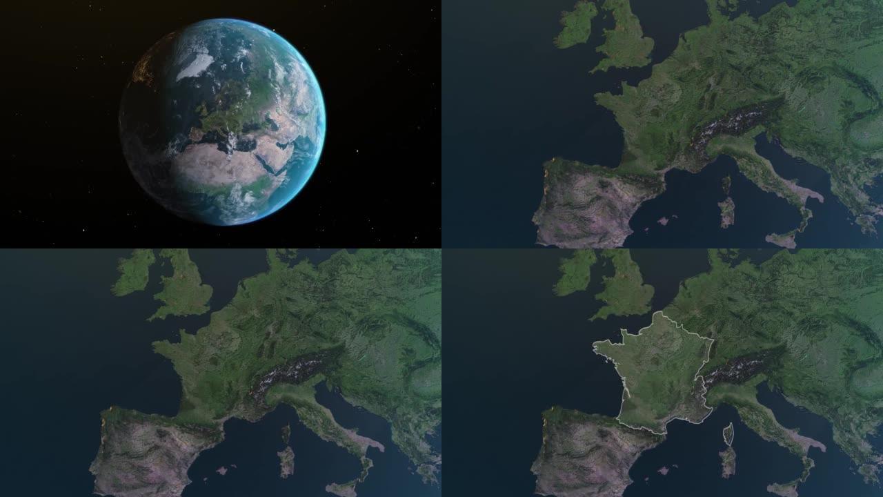 法国地图，从空间放大通过4k照片真实的动画地球仪，全景包括亚洲，非洲和欧洲。史诗旋转世界动画，现实地