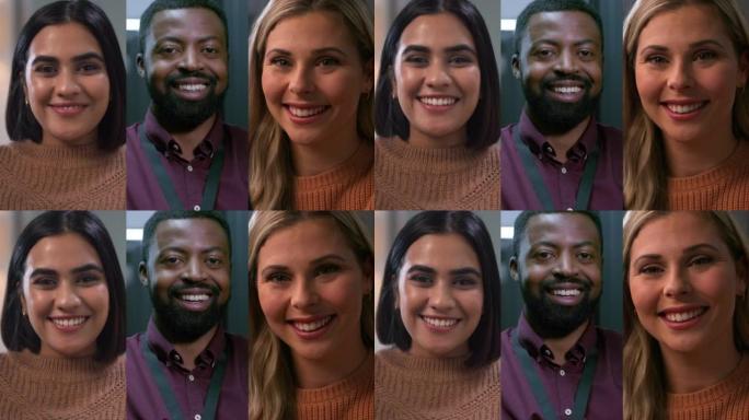 男女的多样性拼贴或肖像脸微笑与不同的年龄，种族和背景与国际，全球，多元文化或多种族的人。世界社区与人