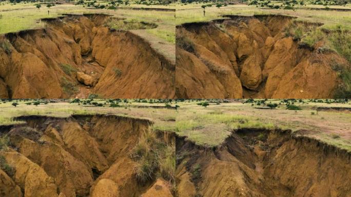 因不良农业实践而被水土流失破坏的土地的鸟瞰图。气候变化与全球变暖