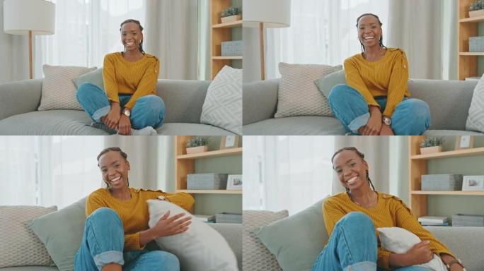 4k视频片段，一个快乐的年轻女子在家里的沙发上放松