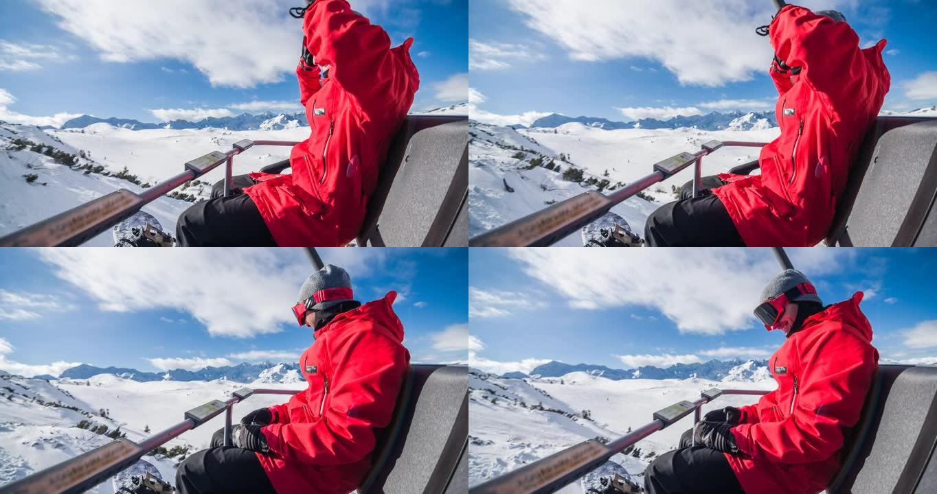 骑着缆车到白雪皑皑的山顶时戴上滑雪护目镜