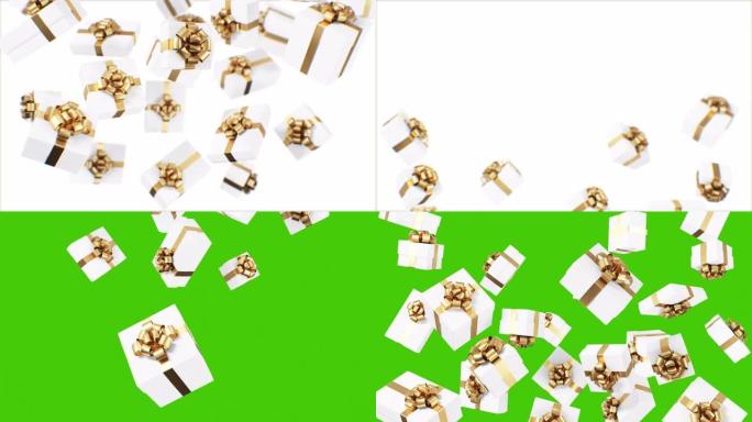 白色背景和绿色屏幕无缝的漂亮掉落礼品盒。带有金丝带和蝴蝶结的当前盒子的循环3d动画掉落。阿尔法面具。