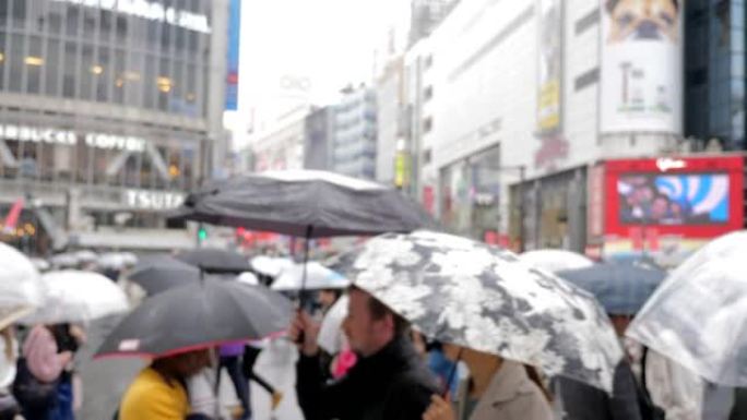 涩谷十字路口雨中带伞的通勤者