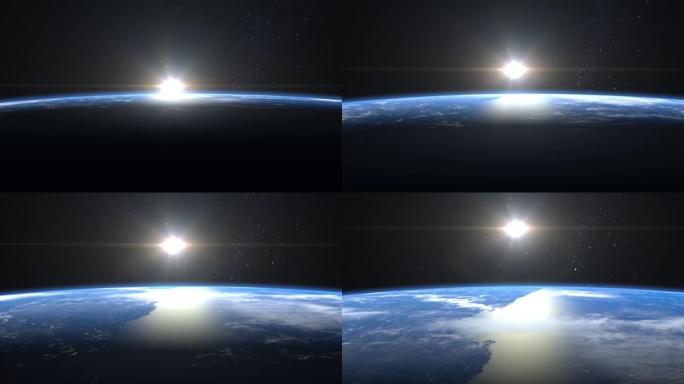 地球上空的日出。从太空看。地球从太阳旋转。体积云。摄像机在地球上空起飞。星空。4K. 3d渲染。Na