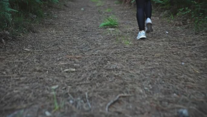 在森林中奔跑时跟踪女运动员的腿