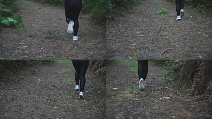 在森林中奔跑时跟踪女运动员的腿