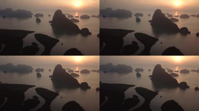 泰国攀牙省红树林的鸟瞰图与日出