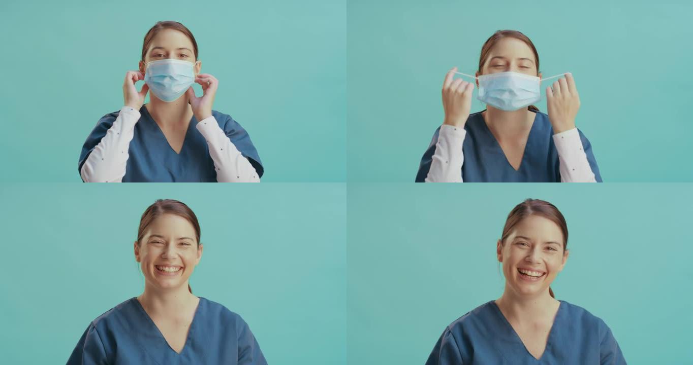 4k视频片段，一名年轻护士独自站在诊所并摘下口罩
