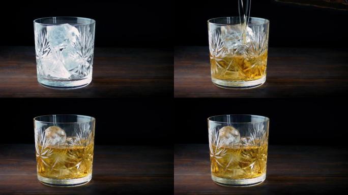 威士忌倒在玻璃杯中的冰块上