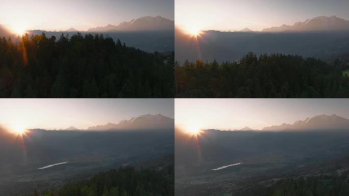 阿尔卑斯山山脉的鸟瞰图，日出时勃朗峰