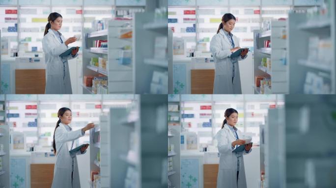 药房药店: 美丽的亚洲药剂师使用数字平板电脑，检查库存的药品，药品，维生素，保健品在货架上。制药商店