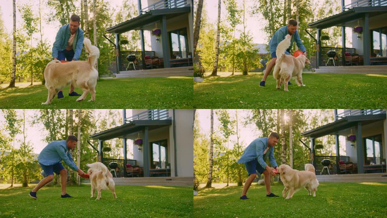 英俊的男人在后院的草坪上与快乐的金毛寻回犬一起玩捕捉飞盘。男人在避暑别墅后院和忠诚的血统狗在户外玩得