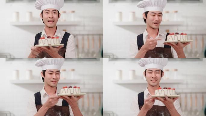 家庭面包师的肖像在视频通话中向顾客展示他的蛋糕。