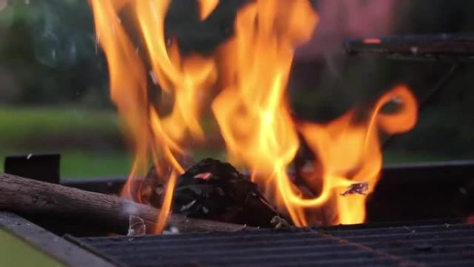 木头和木炭烤架上的烧烤火。特写。