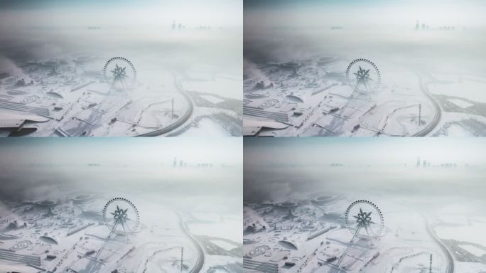 4K哈尔滨冰雪大世界摩天轮城市平流雾航拍