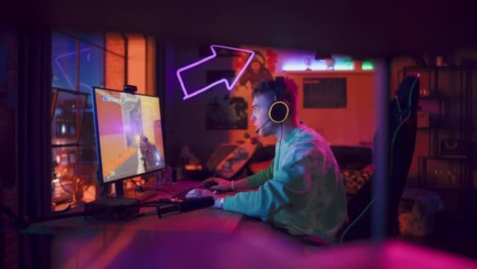 在家玩游戏: 玩家在个人计算机上玩了一轮在线视频游戏后感到悲伤和愤怒。时尚男性游戏射击游戏街机在线多
