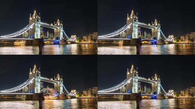 塔桥在英国伦敦通过thamesat河夜间的航海船只吊桥上的时间流逝，