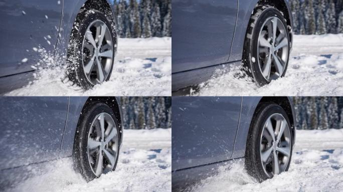 在极端冬季天气条件下，汽车被困在白雪皑皑的乡村道路上