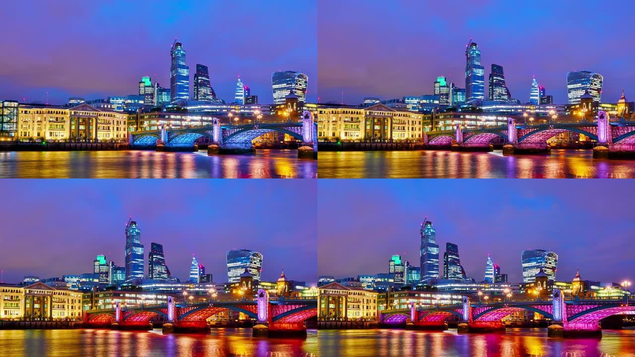晚上照亮了伦敦城。桥。天际线。