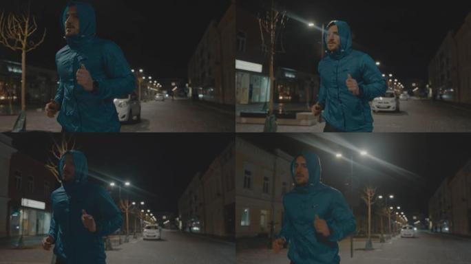 男子晚上在城市街道上慢跑