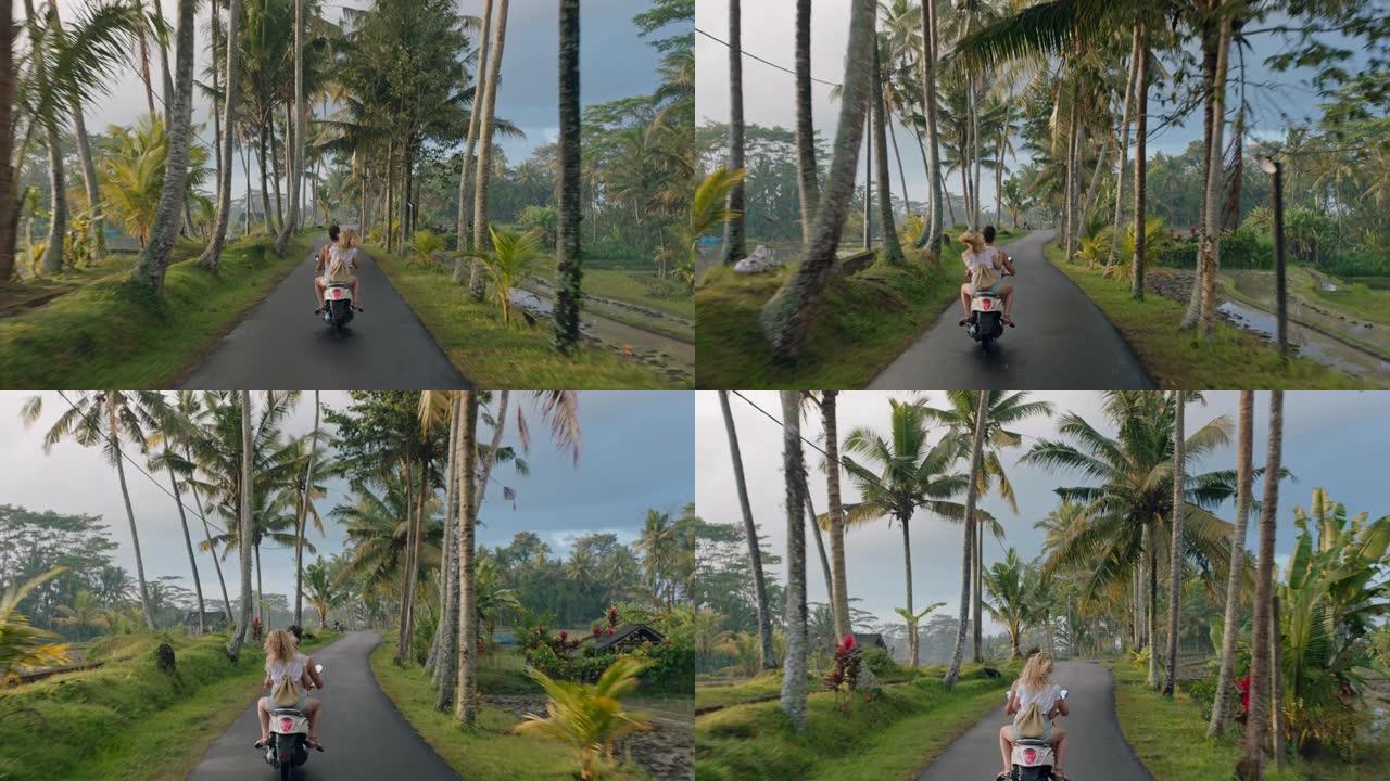 旅行情侣骑摩托车在热带岛屿上探索美丽的旅行目的地在晨雾中骑摩托车