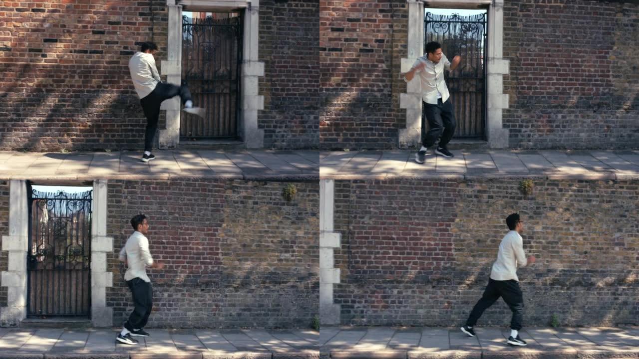 一个年轻人在城市背景下跳舞的4k视频片段