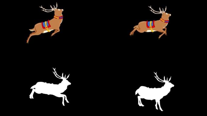 黑色背景上的跳跃驯鹿动画与阿尔法通道 (可循环)。动物，卡通，野生动物，游戏，返校的概念，3d动画，