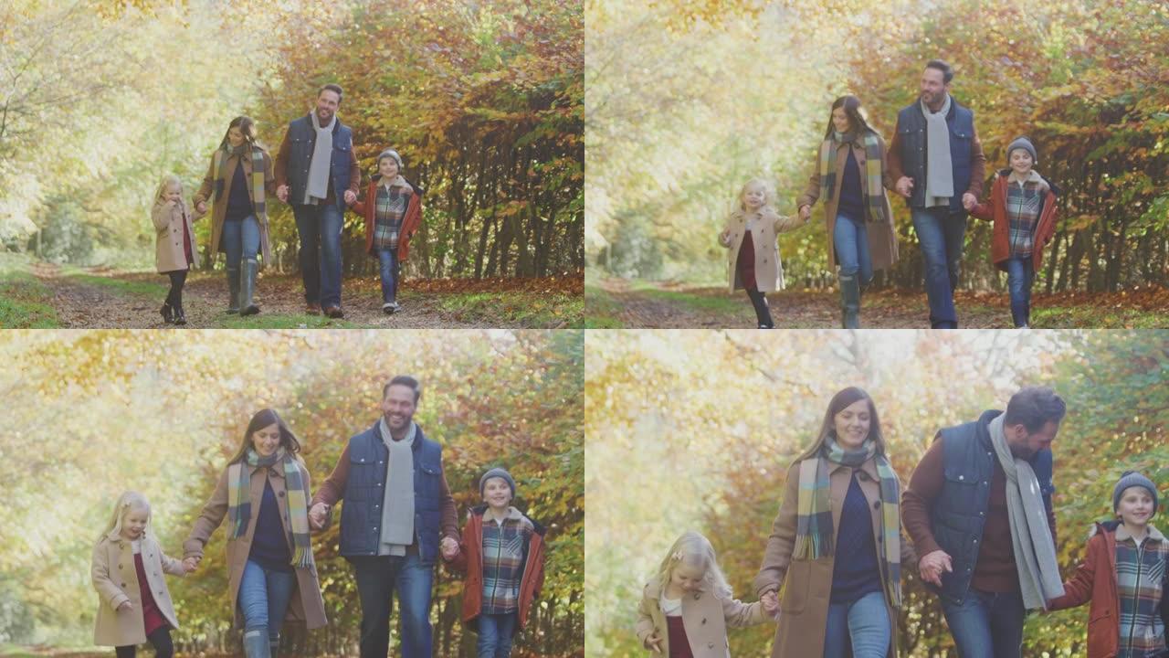 家庭与成熟的父母和两个孩子牵着手走在秋天的乡村的轨道上