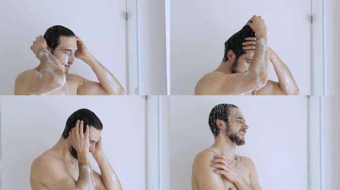 年轻的裸男洗掉保湿洗发水或身体凝胶。