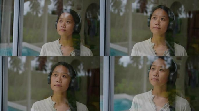 日本女性戴着耳机听音乐时透过窗户看