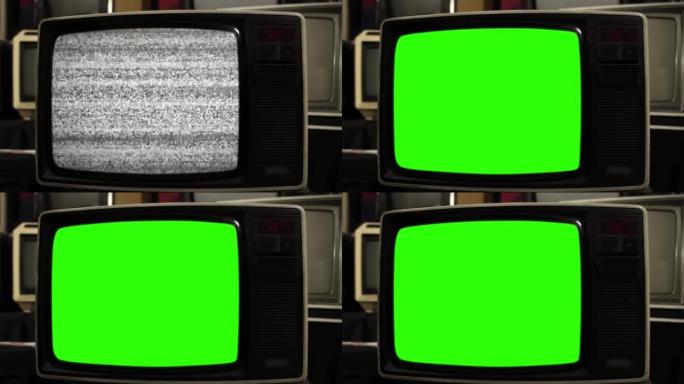 在许多老式电视中，旧电视打开色度键绿色屏幕。特写。
