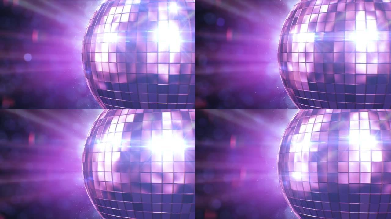 美丽的迪斯科球旋转无缝与耀斑特写紫色蓝色。循环3d动画迪斯科舞会在抽象迪斯科舞厅转动。循环隔离复古风