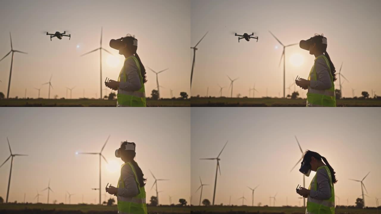 亚洲女性在工作风力涡轮机现场戴着VR眼镜