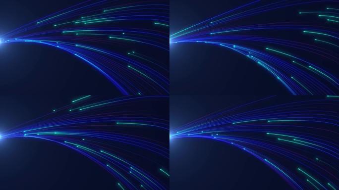 蓝色抽象背景，彩色灯光痕迹。面向技术概念的未来动态数据流。