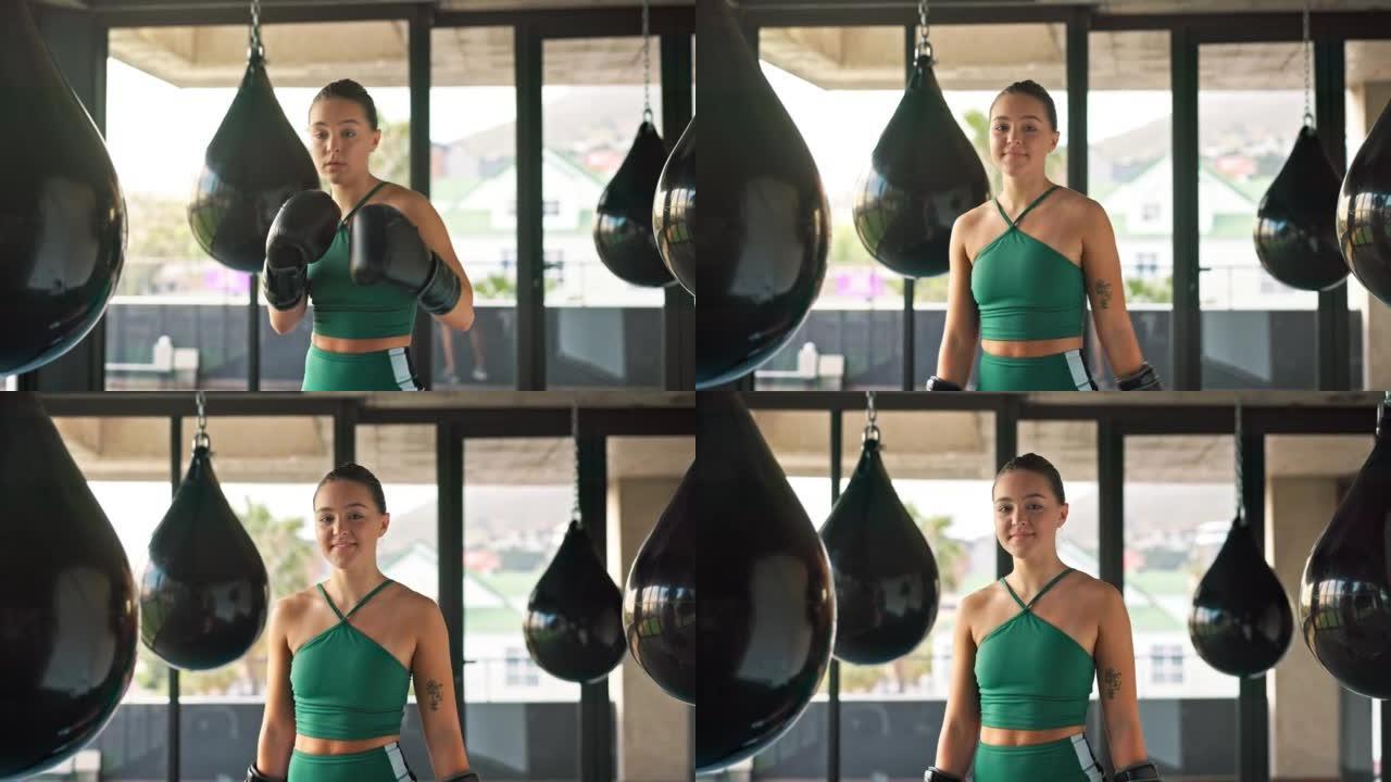 女人，拳击手和肖像微笑健身，锻炼或训练锻炼，准备在健身房打架。竞技体育中的女职业拳击战士微笑着为拳击