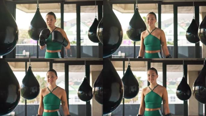 女人，拳击手和肖像微笑健身，锻炼或训练锻炼，准备在健身房打架。竞技体育中的女职业拳击战士微笑着为拳击