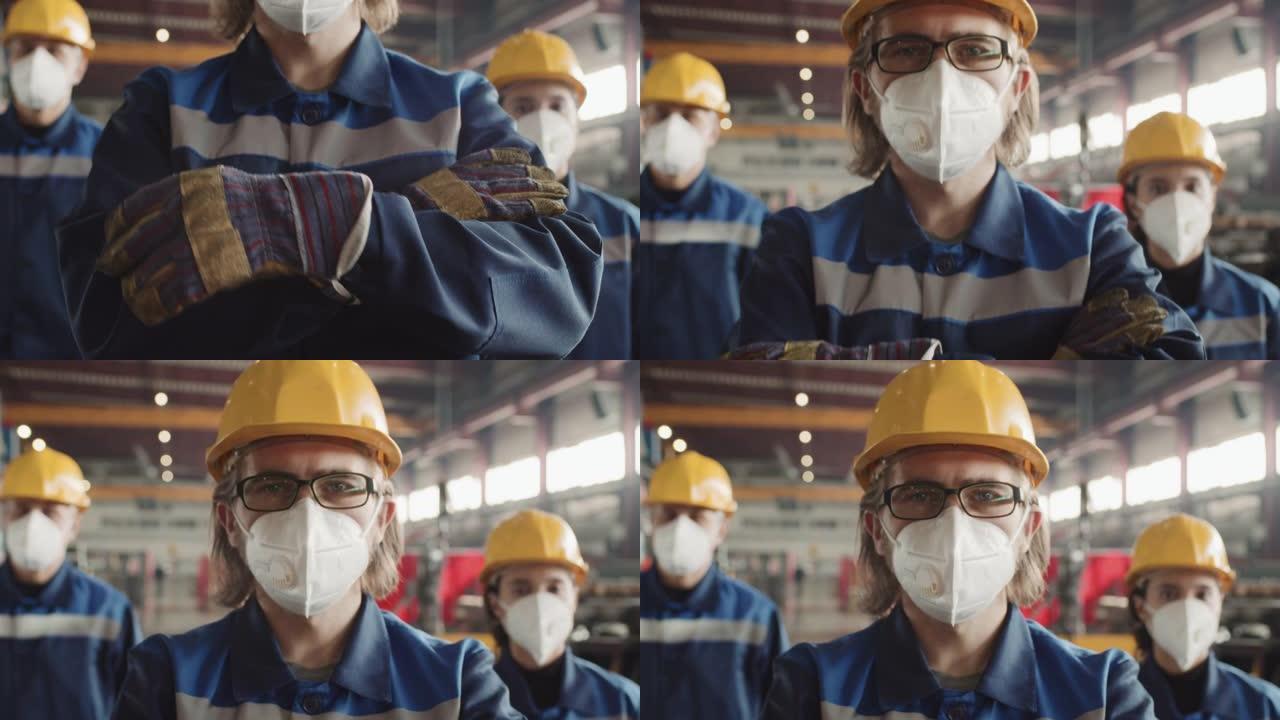 工厂工头与戴着呼吸面罩的工人的特写