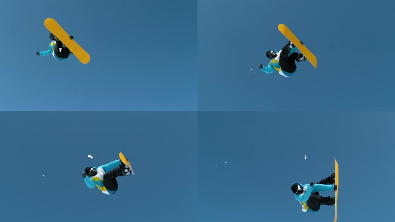慢动作时间扭曲: 滑雪者跳跃并执行旋转抓斗技巧。