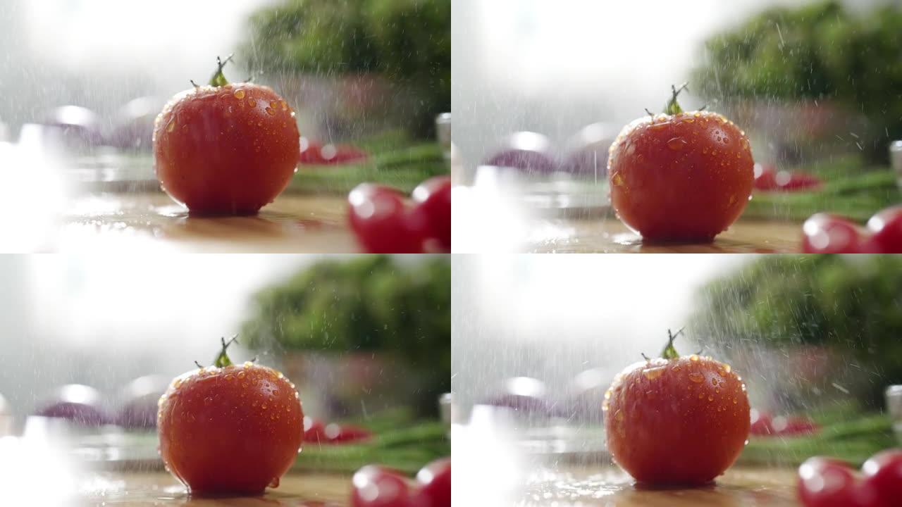 新鲜红色西红柿的水滴
